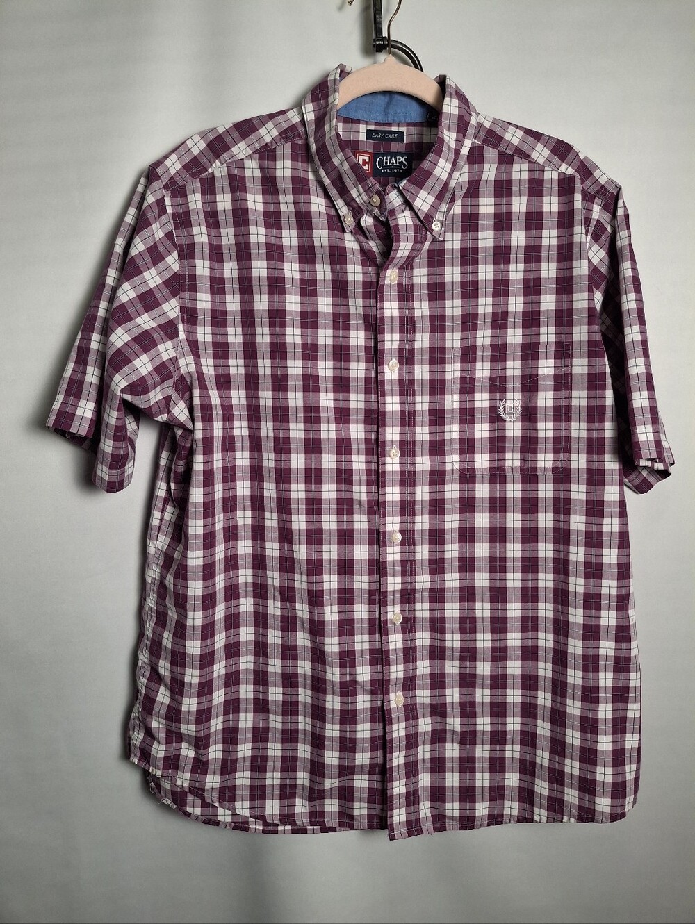 Chaps Men's Short Sleeve Button-Down Plaid Shirt - Purple and White